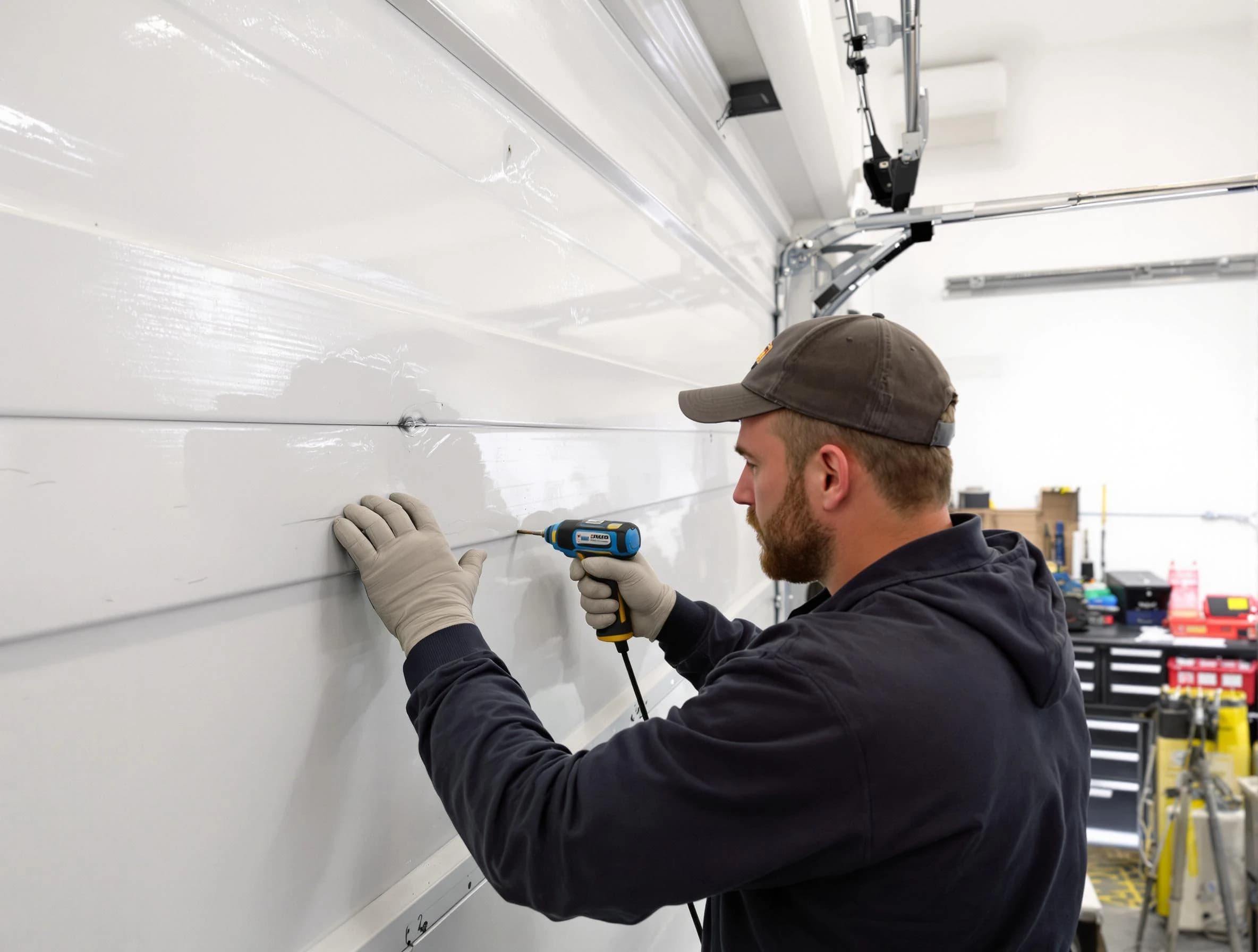 Beaver Falls Garage Door Repair technician demonstrating precision dent removal techniques on a Beaver Falls garage door